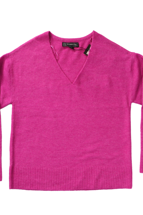 Women’s Fuchsia Pink V Neck Pullover Sweater