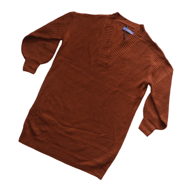 Women Woven V Neck Brown Sweater - Image 2